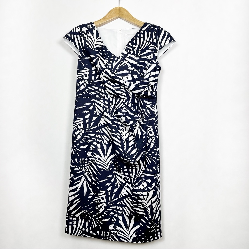 Colebrook‎ Black and White Midi Sheath Dress with Cap Sleeves Size 10 Palm Leaf